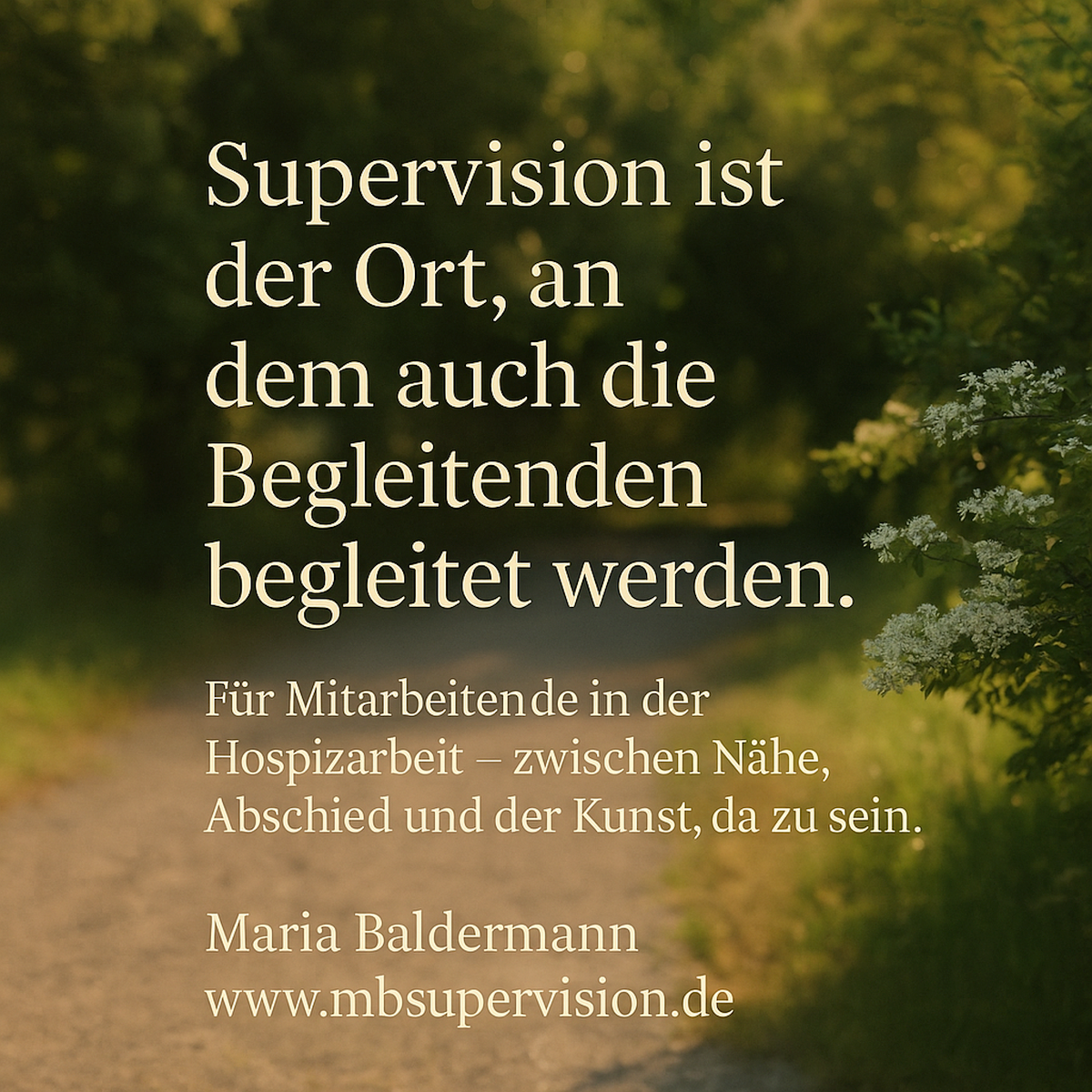 Supervision ist der Ort, an dem auch die Begleitenden begleitet werden. Für Mitarbeitende in der Hospizarbeit - zwischen Nähe, Abschied und der Kunst, da zu sein. Maria Baldermann www.mbsupervision.de