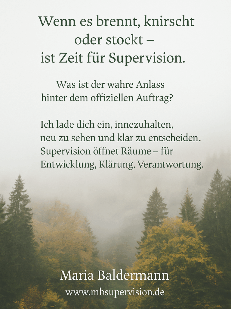 Wenn es brennt, knirscht oder stockt, ist Zeit für Supervision. Was ist der wahre Anlass hinter dem offiziellen Auftrag? Ich lade dich ein, innezuhalten, neu zu sehen und klar zu entscheiden. Supervision öffnet Räume – für Entwicklung, Klärung, Verantwortung.