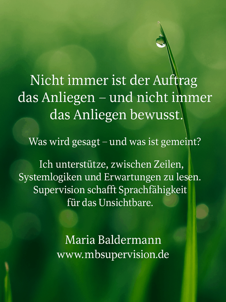 Nicht immer ist der Auftrag das Anliegen - und nicht immer das Anliegen bewusst. Was wird gesagt - und was ist gemeint? Ich unterstütze, zwischen Zeilen Systemlogiken und Erwartungen zu lesen. Supervision schafft Sprachfähigkeit für das Unsichtbare.