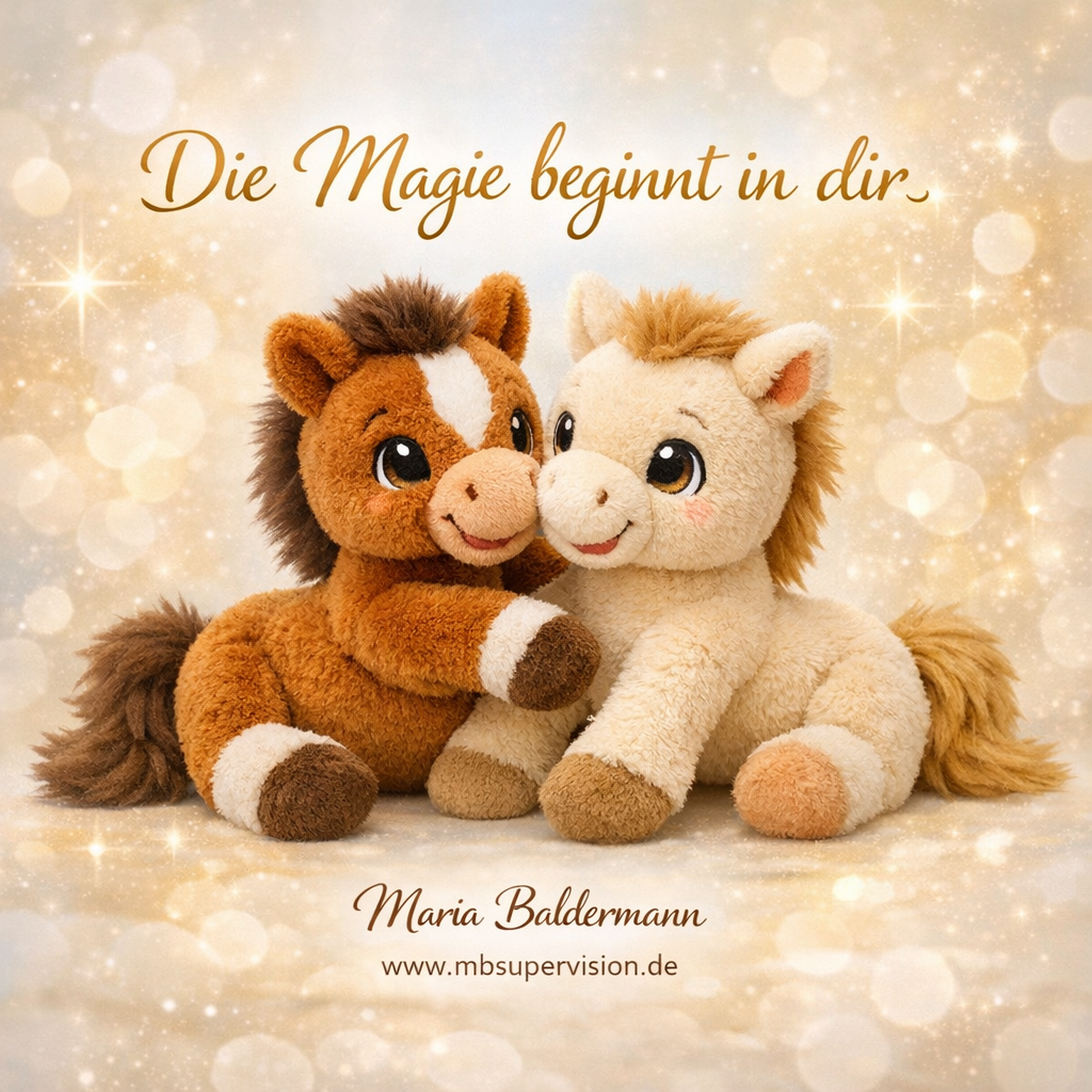 zwei Plüsch-Pferdefohlen, die miteinander spielen. Text: Die Magie beginnt in dir. Maria Baldermann www.mbsupervision.de