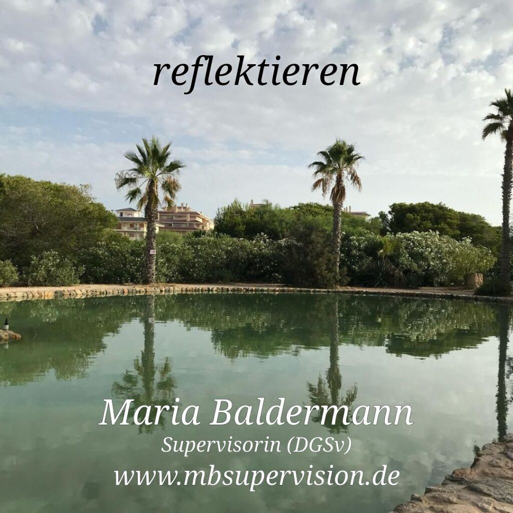Teich mit Spiegelung von Palmen und bewölktem Himmel, darüber das Wort 'reflektieren' und darunter der Name 'Maria Baldermann', die Bezeichnung 'Supervisorin (DGSv)' und die Internetadresse 'www.mbsupervision.de'