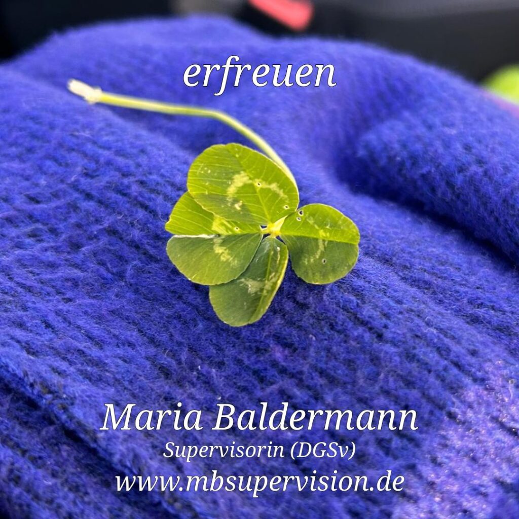 Ein vierblättriges Kleeblatt liegt auf einem gestrickten, leuchtend blauen Stoff. Darüber steht in weißer Schrift das Wort 'erfreuen'. Unten im Bild sind der Name 'Maria Baldermann', die Berufsbezeichnung 'Supervisorin (DGSV)' und die Internetadresse 'www.mbsupervision.de' zu lesen.