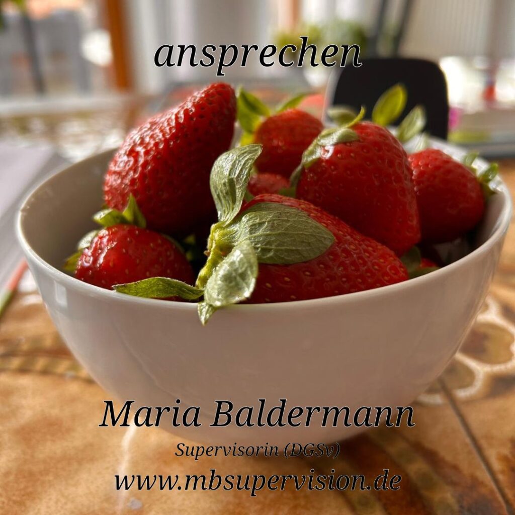 Nahaufnahme einer weißen Schale, die mit frischen Erdbeeren gefüllt ist. Die Erdbeeren sind groß, glänzend und haben grüne Kelchblätter. Über der Schale steht mittig das Wort 'aufblicken'. Unten im Bild sind der Name 'Maria Baldermann', die Berufsbezeichnung 'Supervisorin (DGSV)' und die Internetadresse 'www.mbsupervision.de' zu lesen.