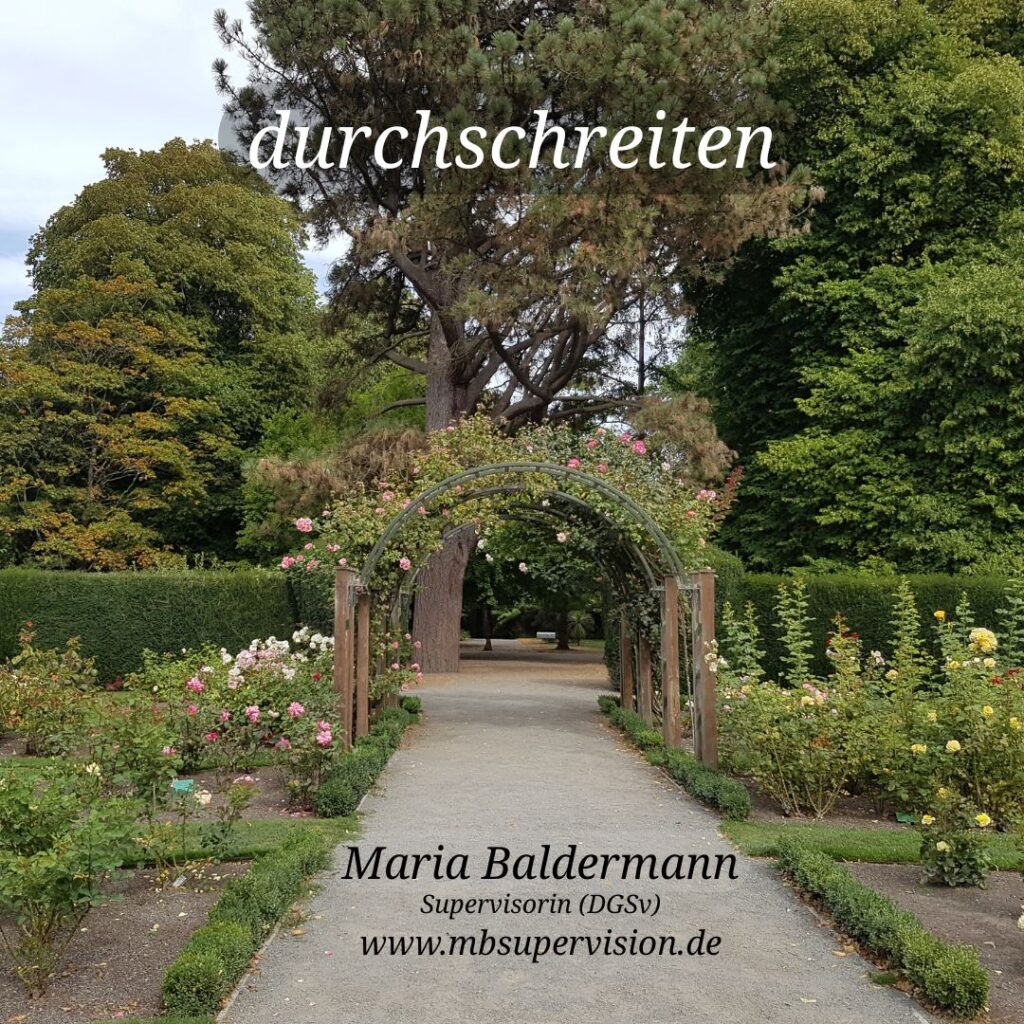 Ein Weg führt durch einen Rosengarten und verläuft unter einem mit Rosen bewachsenen Metallbogen. Im Hintergrund stehen hohe Bäume und gepflegte Hecken. Im oberen Bereich steht das Wort 'durchschreiten'. Unten im Bild sind der Name 'Maria Baldermann', die Berufsbezeichnung 'Supervisorin (DGSV)' und die Internetadresse 'www.mbsupervision.de' zu lesen.