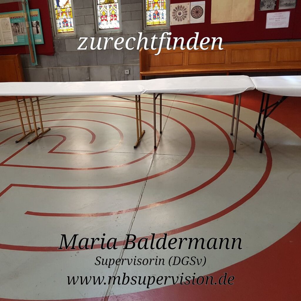Mehrere lange, rechteckige Tische mit weißer Tischdecke stehen in einer einzelnen Reihe auf einem Boden mit einem großen, kreisförmigen Labyrinthmuster. Im Hintergrund sind eine Steinwand mit Kirchenfenstern, Holzverkleidungen und mehreren Schautafeln zu sehen. Oben steht das Wort 'zurechtfinden'. Unten im Bild sind der Name 'Maria Baldermann', die Berufsbezeichnung 'Supervisorin (DGSV)' und die Internetadresse 'www.mbsupervision.de' zu lesen.