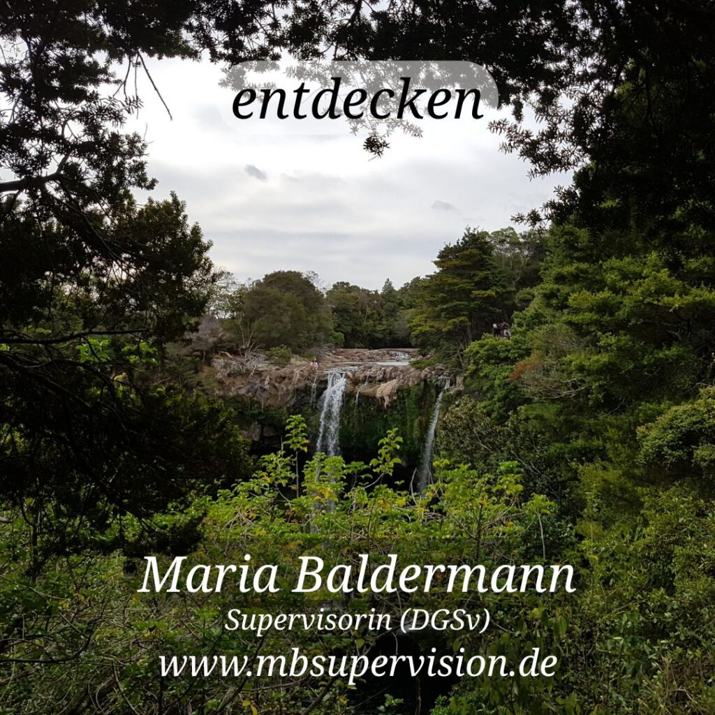 Im Vordergrund rahmen dichte, grüne Äste und Blätter den Blick auf einen Wasserfall, der inmitten eines bewaldeten Tals liegt. Im Hintergrund erstreckt sich ein bewölkter Himmel über die Baumkronen. Im oberen Bildbereich steht in weißer Schrift das Wort 'entdecken'. Unten im Bild sind der Name 'Maria Baldermann', die Berufsbezeichnung 'Supervisorin (DGSV)' und die Internetadresse 'www.mbsupervision.de' zu lesen.
