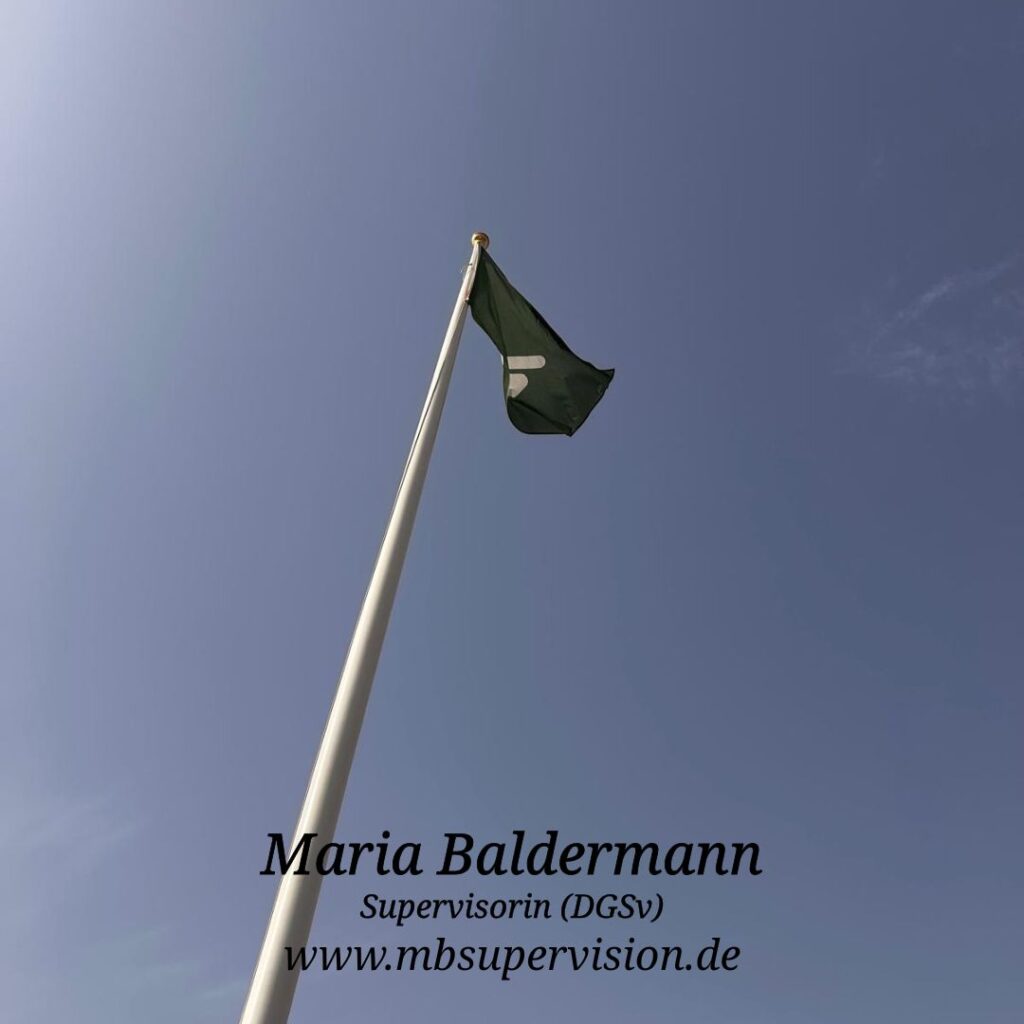 Eine grüne Fahne mit einem weißen Symbol weht an einem hohen Fahnenmast vor klarem, blauem Himmel. Unten im Bild sind der Name 'Maria Baldermann', die Berufsbezeichnung 'Supervisorin (DGSV)' und die Internetadresse 'www.mbsupervision.de' zu lesen.