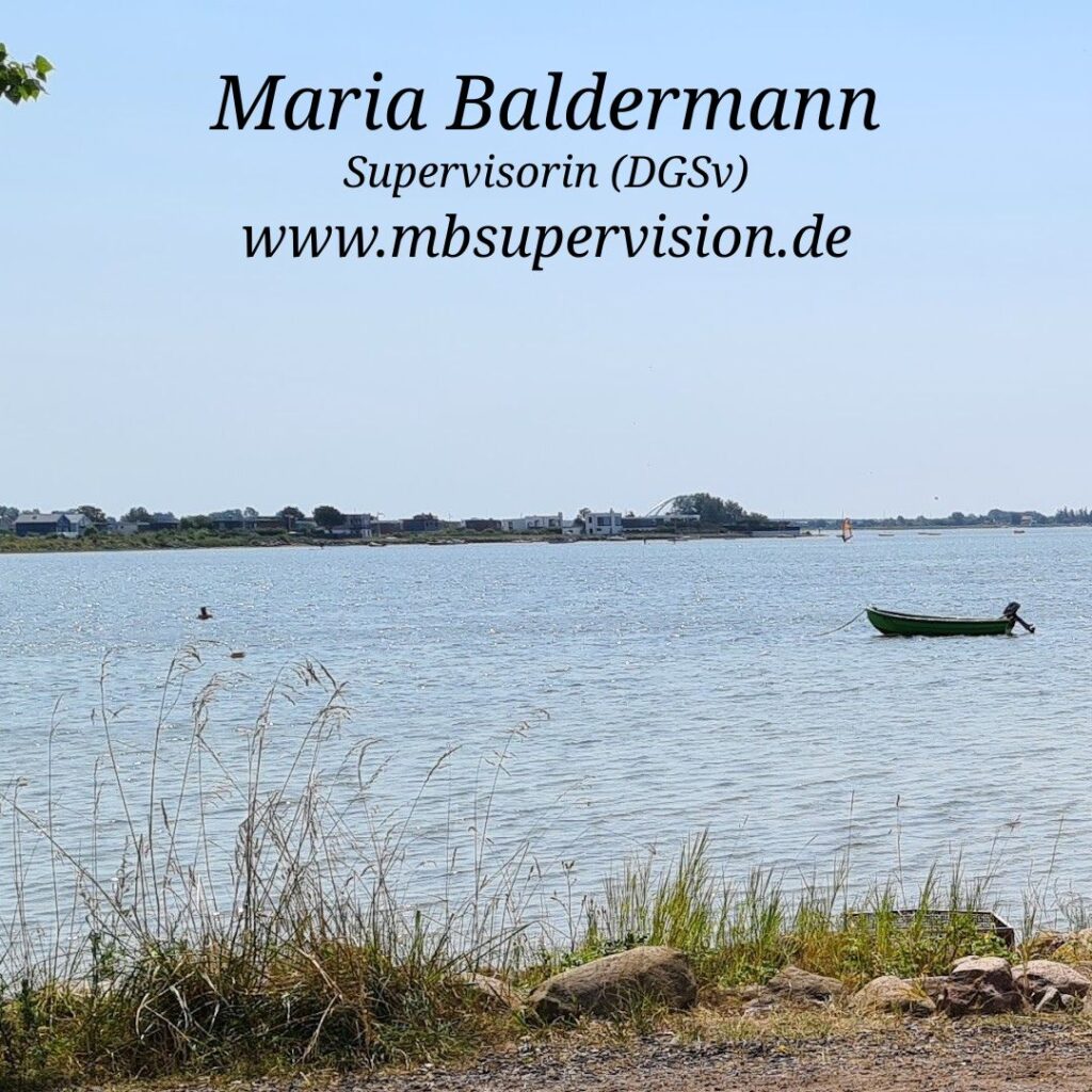 Im Vordergrund wachsen Gräser und Pflanzen am Ufer eines Gewässers. Auf dem Wasser liegt ein grünes Boot. Im Hintergrund sind Gebäude und Bäume am gegenüberliegenden Ufer zu sehen. Der Himmel ist klar und blau. Oben im Bild steht in schwarzer Schrift: 'Maria Baldermann Supervisorin (DGSv) www.mbsupervision.de'.