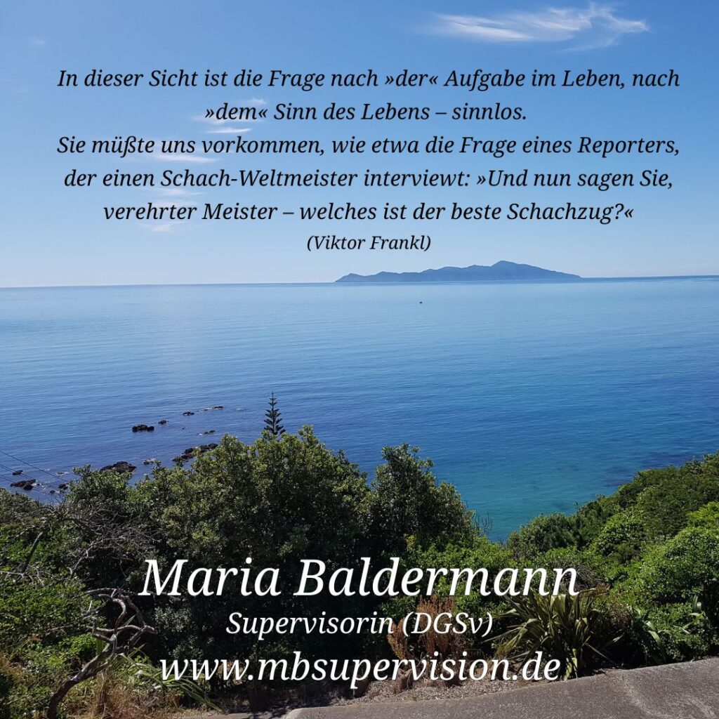 Blick auf eine ruhige Meereslandschaft mit einer Insel am Horizont und einem längeren Zitat von Viktor Frankl sowie Kontaktdaten von Maria Baldermann im Vordergrund