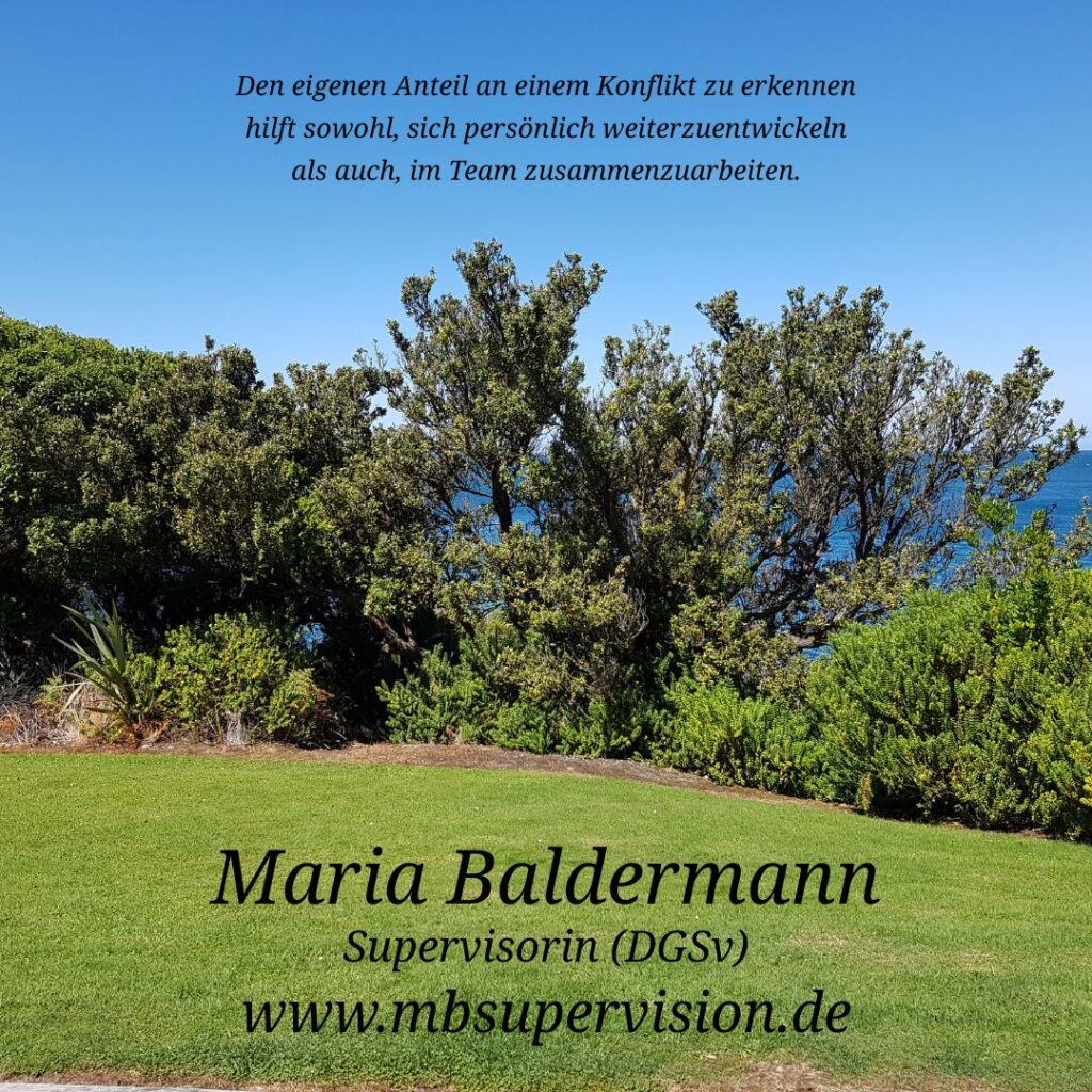Im Vordergrund ist eine Rasenfläche zu sehen, dahinter stehen Sträucher und Bäume, hinter denen such das Meer abzeichnet. Der Himmel ist klar und blau. Im oberen Bereich des Bildes steht der Text: 'Den eigenen Anteil an einem Konflikt zu erkennen hilft sowohl, sich persönlich weiterzuentwickeln als auch, im Team zusammenzuarbeiten.' Unten im Bild sind der Name 'Maria Baldermann', die Berufsbezeichnung 'Supervisorin (DGSV)' und die Internetadresse 'www.mbsupervision.de' zu lesen.